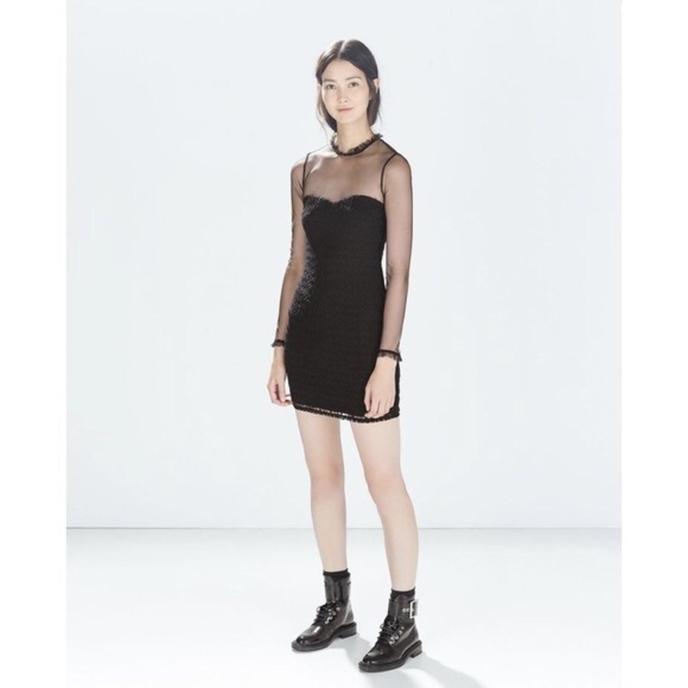 Zara black mesh sleeves mini bodycon dress size small